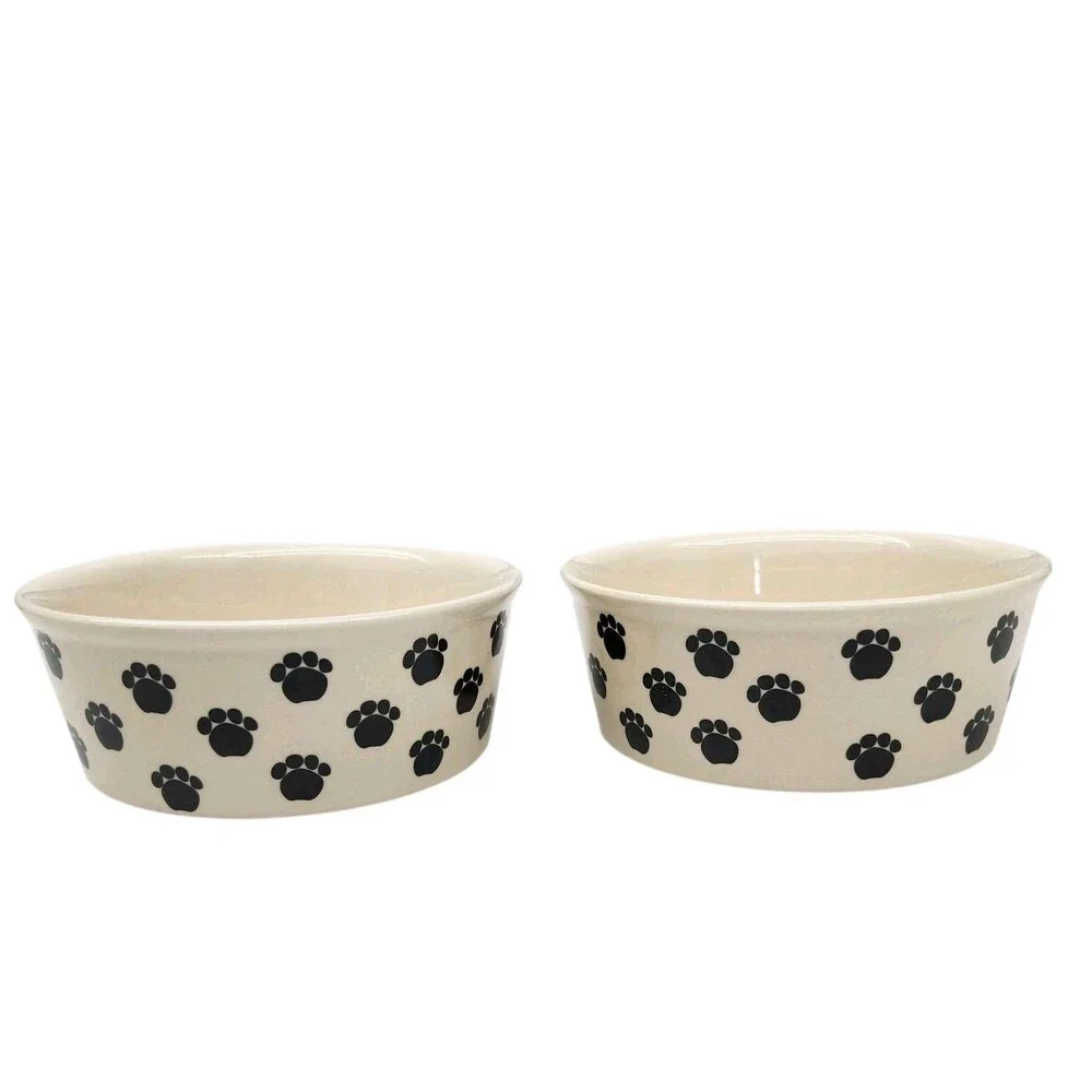 Fidos Diner Set of 2 Dog Dishes Stoneware Food Or Water Bowls Beige Paw Prints